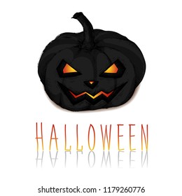 Dark halloween pumpkin. Hand drawing terrible Jack-o-lantern with a horrible face, luminous eyes and text "Halloween". Isolated vector illustration on white background
