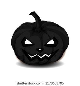 Dark halloween pumpkin. Hand drawn pumpkin with a scary face and a shadow. Isolated vector illustration on white background