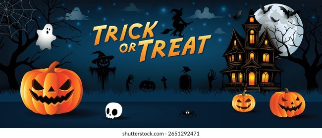 Cena de Halloween escuro com abóboras brilhantes, casa assombrada, lua cheia, fantasmas, bruxa e morcegos. Perfeito para convites para festas ou design sazonal.