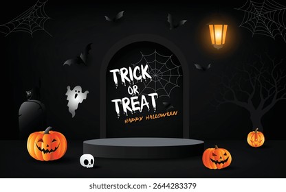 Dark Halloween scene with podium, pumpkins, ghosts, bats, spider webs, and eerie lantern light for spooky design.
