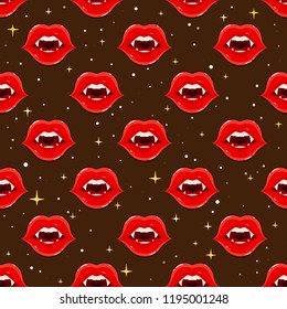 Dark Halloween seamless background with vampire lips and stars, illustration.