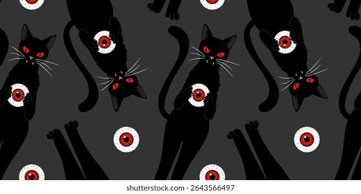 dark halloween seamless pattern with black vampire cats and creepy red eyeballs – spooky gothic design for fabric, wallpaper, wrapping or party decor