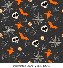 Dark halloween seamless pattern with scarecrow and spider net