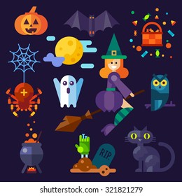 Dark halloween set. Halloween attributes: pumpkin, bat, spider with web, owl, witch on a broom, black cat, grave, pot ,spooky ghost. Flat vector illustration set. 