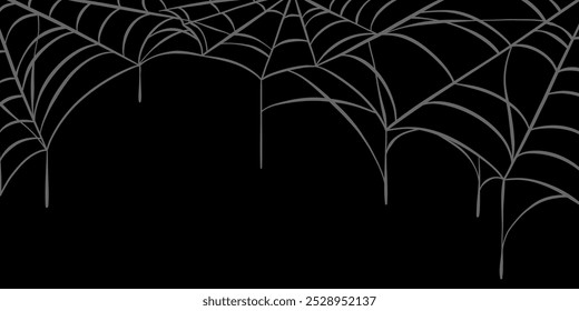 Dark Halloween spider web horizontal background or banner design, creepy header frame design for holiday cards, cover or poster design