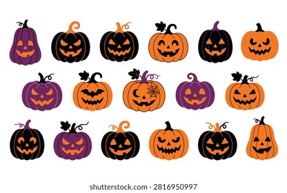 Dark Halloween spooky pumpkin vector seamless pattern with glowing orange and purple jack-o'-lantern faces against a deep black backdrop for dramatic horror wallpapers