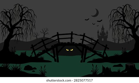 Dark Halloween swamp scene featuring a rickety bridge with glowing yellow eyes underneath, distant haunted castle.