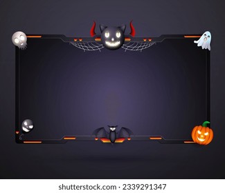 Dark Halloween Theme Stream overlay Webcam Frame with Skull, Pumpkin, Ghost, Bat, Black Cat and Spooky Halloween Elements for Halloween Celebration Video Broadcast