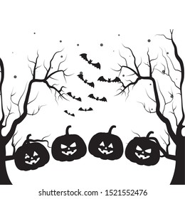 dark halloween trees scene with pumpkins hanging vector illustration design