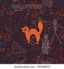 Dark Halloween vector seamless pattern. Endless line texture for wallpaper, web page background, wrapping paper, textile print. Flat style.