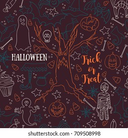 Dark Halloween vector seamless pattern. Endless line texture for wallpaper, web page background, wrapping paper, textile print. Flat style.