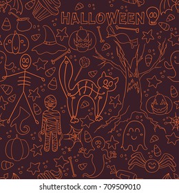 Dark Halloween vector seamless pattern. Endless line texture for wallpaper, web page background, wrapping paper, textile print. Flat style.