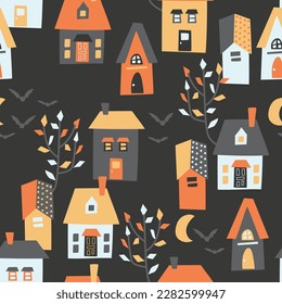 Dark halloween village houses at night - cute seamless repeating pattern illustration