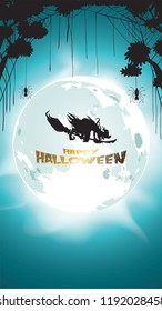 Dark Halloween witch flying with Moon on blue sky, spiders  illustration. Flyer or invitation template for banner, party, Invitation. Vector illustration with place for your Text & copy space