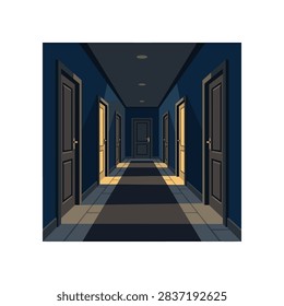 A dark hallway features several closed doors with warm light