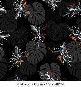 Dark hand drawn of abstract tropiacal flowers layer on monotone exotic jungle leaves seamless pattern in vector EPS10 ,Design for fashion ,fabric,web and all prints on black