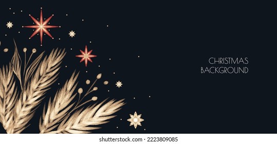 Dark Hand drawn Christmas background with Gold Branches and leaves. Winter Holidays Luxury banner
