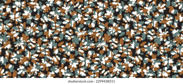 Dark Hand Drawn Irregular Floral Seamless Vector Pattern.White, Brown and Pale Green Stains Isolated on a Black Background. Simple Geometric Repeatable Design. Camouflage Abstract Endless Print.