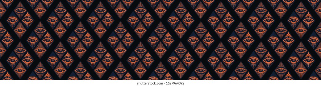 Dark hand drawn magic third eye seamless border pattern. Spiritual magical human eyes vector texture banner background. Esoteric symbol of protection. Mythic graphic washi tape edge ribbon trim