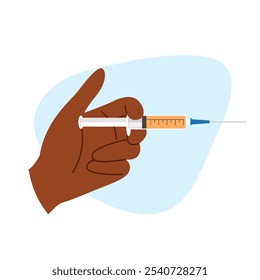 Dark hand holding syringe with beauty serum. Skin care and cosmetic injection illustration