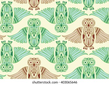 Dark hand-drawn abstract Owl pattern. Stylish surface design. Ancient bird drawing