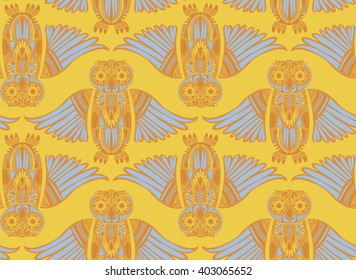 Dark hand-drawn abstract Owl pattern. Stylish surface design. Ancient bird drawing