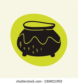 Dark hand-drawn cauldron with scandinavian forest decoration on a green dot background. 
