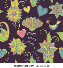 Dark hand-drawn floral background. Seamless pattern. Can be used for textile design, web page background, surface textures, wallpaper