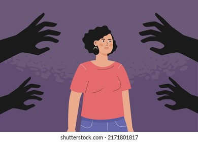 Dark hands reaching out to a pregnant woman, a metaphor for refusing to consider a woman's body her choice. The concept of banning abortions.