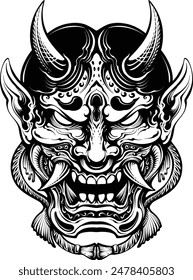 Dark Hannya Máscara Japonesa Oni Diablo Oriental Horror Art Grunge Antiguas Ilustración de la vieja escuela blanco y negro, diseño del tatuaje máscara de hannya