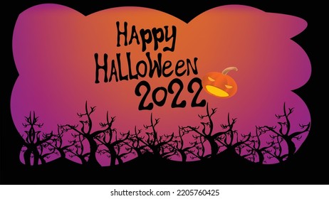 Dark Happy Halloween 2022 Greeting Card With Purple Background and Dead Tree Forest Shilhouette