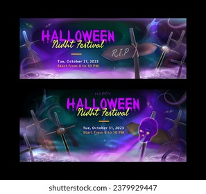 Dark happy Halloween. Banner set .  Realistic 3d design in cartoon style. Holiday banner, web poster, stylish flyer greeting card. Vector illustration