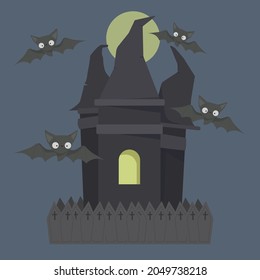 Dark Happy Halloween Landscape with Cartoon scary Castle, Bats, Moon and tombstones on grey background.  Vector illustration can be used for  Greeting Card, poster, banner, decorations, template.