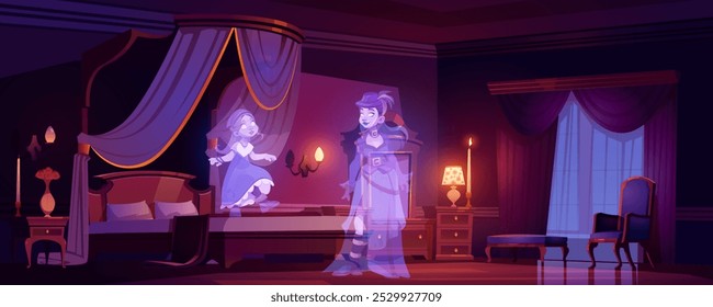 Dark haunted bedroom with ghosts. Vector cartoon illustration of mysterious room with vintage furniture and window, spooky silhouettes of woman and little girl, Halloween night in mysterious hotel