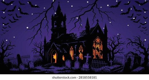 Dark haunted church with bats and bare trees freepik frame silhouette cemetery