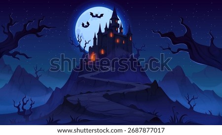 Dark haunted Halloween castle with glowing orange windows. Winding crooked path leads up the mountain hill, framed by barren trees, starry sky full moon and flying bats. Cartoon vector horror night