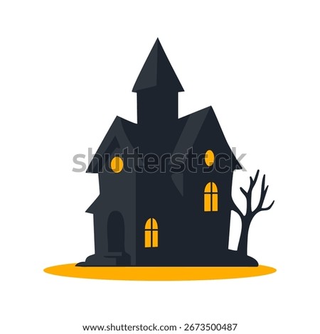 Dark haunted house with glowing windows and bare spooky tree for halloween theme