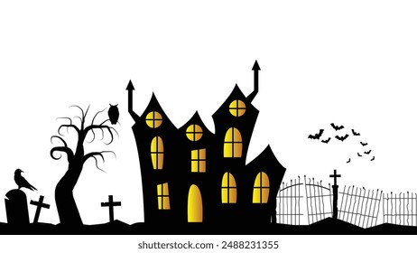 Dark Haunted Mansion with Graveyard in the Yard Silhouette. Halloween national holiday concept vector art