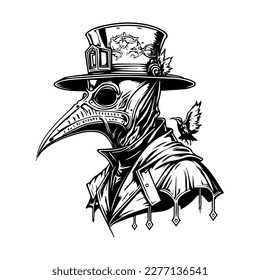 Dark and haunting Hand drawn line art illustration of Doctor Plague, evoking a sense of mystery and intrigue svg