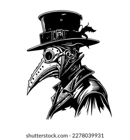 Dark and haunting Hand drawn line art illustration of Doctor Plague, evoking a sense of mystery and intrigue