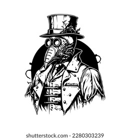 Dark and haunting Hand drawn line art illustration of Doctor Plague, evoking a sense of mystery and intrigue