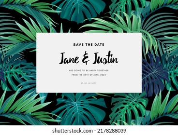 Dark hawaiian floral design with monstera palm leaves. Exotic tropical summer vector background.