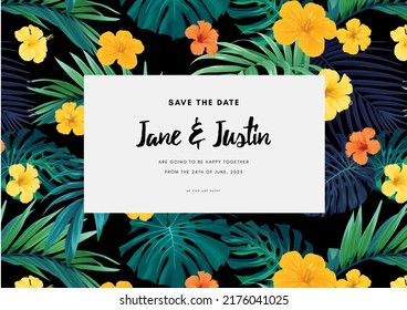 Dark hawaiian floral design with palm leaves and hibiscus flowers. Tropical summer vector background.