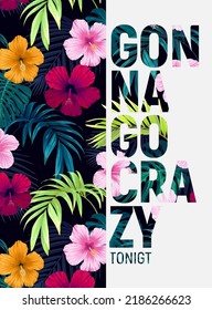 Dark hawaiian floral design with palm leaves and hibiscus flowers. Tropical summer vector background.