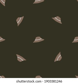Patrón sin fisuras en la cabeza oscura con adorno de sombrero de panama dibujado a mano. Fondo marrón. Diseño gráfico para envolver texturas de papel y tela. Ilustración vectorial.