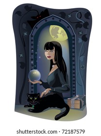 Dark headed beautiful young witch with black cat.