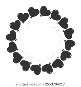 Dark Heart shape balloon on string Circle frame border in grayscale. Black Day or card template idea