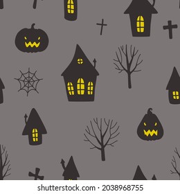 Dark helloween street house pattern. Seamless texture for textile, fabric, apparel, wrapping, paper, stationery.