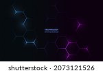 Dark hexagon abstract technology background with blue and pink colored bright flashes under hexagon. Hexagonal gaming vector abstract tech background.