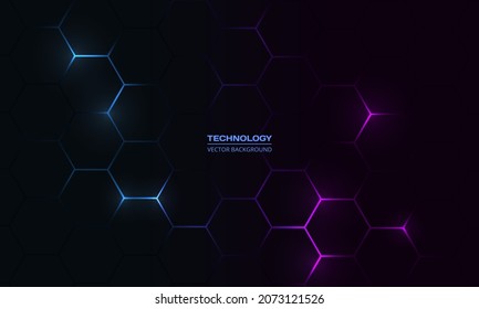 Dark hexagon abstract technology background with blue and pink colored bright flashes under hexagon. Hexagonal gaming vector abstract tech background. - Shutterstock ID 2073121526